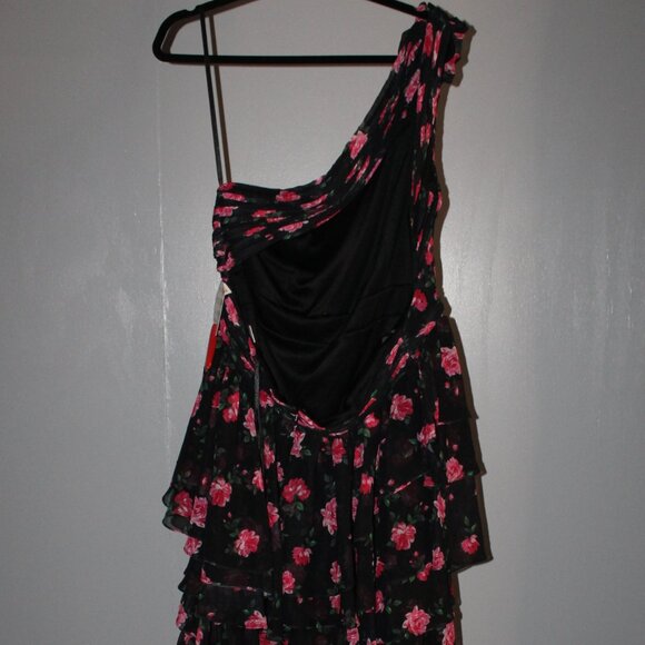 NWT Mac Duggal 70246 One Shoulder Ruffled Rose Floral High Low Gown Black - Picture 8 of 10